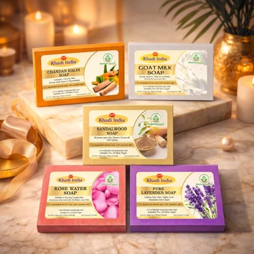 Image of Khadi Organic and Natural Handmade Bathing Soap for Men & Women By Bhudevam Naturals | Assorted Herbal & Chemical-Free Face and Body Soap for Gentle Cleansing & Healthy Skin (Mixed Bar Soap (Pack of 5))