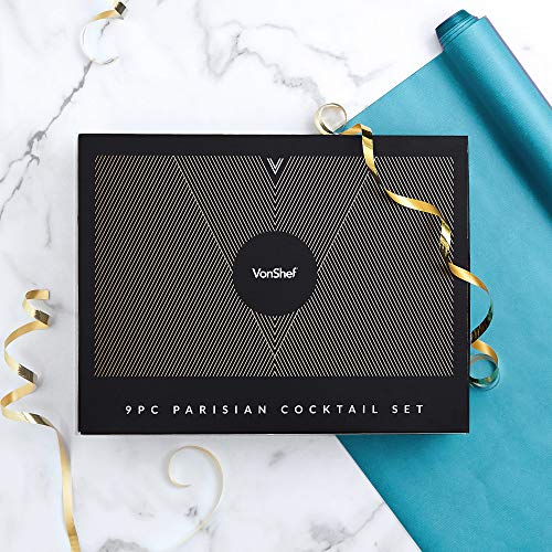 VonShef Parisian Cocktail Shaker Barware Set in Gift Box with Recipe Guide, Cocktail Strainers, Twisted Bar Spoon, Jigger, Muddler and Pourers, Copper, 9 Piece Set, 17oz - Thumbnail 6