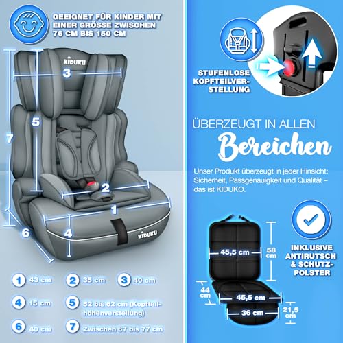 KIDUKU® Kindersitz 9-36 kg (1-12 Jahre) mit Kindersitzunterlage - Autositz ECE R129/03, Gruppe 1/2/3 Autokindersitz Kinderautositz