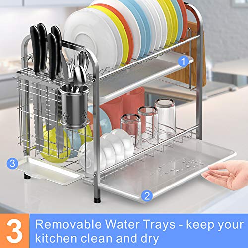 Dish Drying Rack, GSlife 2 Tier 304 Stainless Steel Dish Rack with Utensil Holder, Cutting Board Holder and Dish Drainer for Kitchen Counter,Silver - Thumbnail 6
