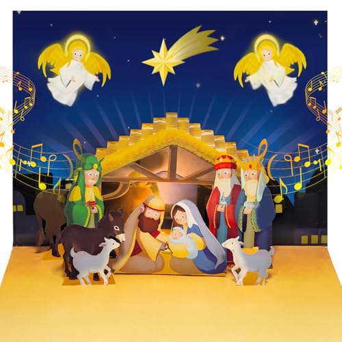 Tarjeta de Navidad religiosa desplegable con luz y música, tarjeta de felicitación abierta reproduce instantáneamente la canción clásica: Joy to the World, con sobre