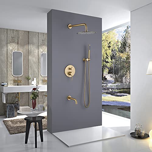 Rbrohant Shower System With Tub Spout And Handheld Brushed Gold Bathtub Shower Faucet Combo Set With 10 Inch Rain Shower Head, Brass Rough-In Pressure Balance Valve Included, Rb1084 #TOP1