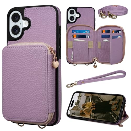 Keallce Case for iPhone 16 6.1'' Case Wallet, Crossbody Zipper Purse with RFID Blocking Card Slots Kickstand, Detachable Lanyard & Handstrap Flip Folio Leather iPhone Cover for iPhone 16, Purple