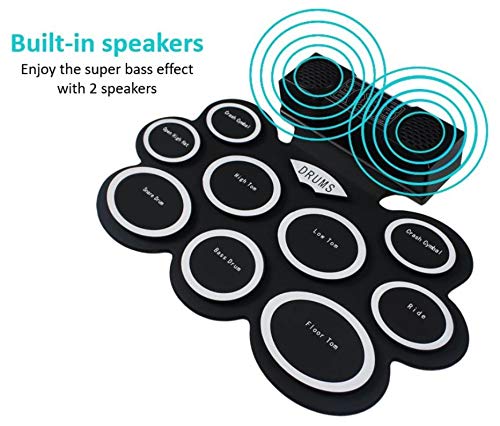 Electronic Drum Set with Headphone Jack, Built-in Speaker and Battery, 9 Pads, Drum Stick and Foot Pedals. Portable drum kit. Best Birthday Gift (9Pads-English)