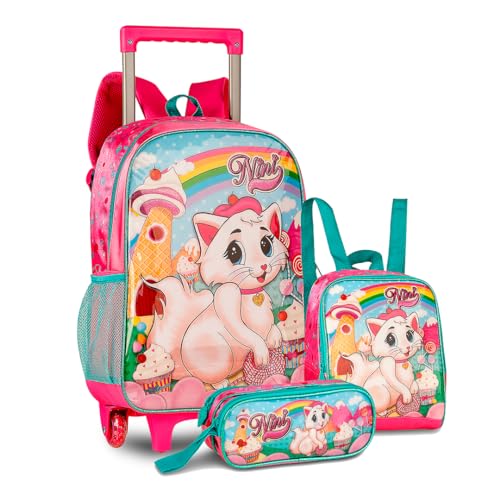 Kit Gatinha Nini Escolar Infantil Para Meninas Mochila Lancheira Térmica E Estojo Escolar Com Lápis E Giz De Cera