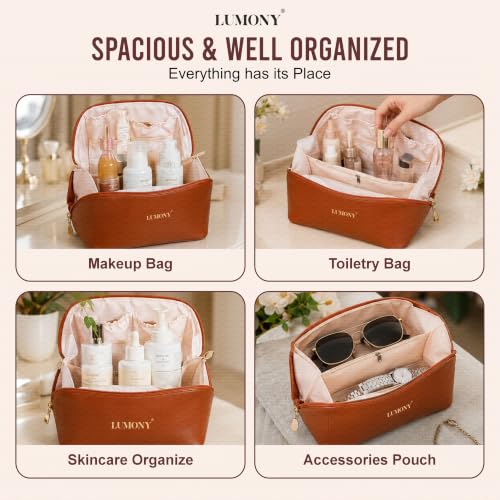 Image of LUMONY Makeup Pouch Bag Leather Large Capacity Travel Toiletries Organizer Cosmetic Bag with Handle and Divider Multifunctional Makeup Bag for Easy Access Waterproof (Brown)