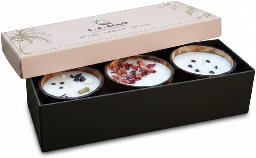 Coconut Shell Scented Candle Set, Roasted Coffee, Dark Rose, Apple Cinnamon, with Real Botanicals, Gift Set of 3