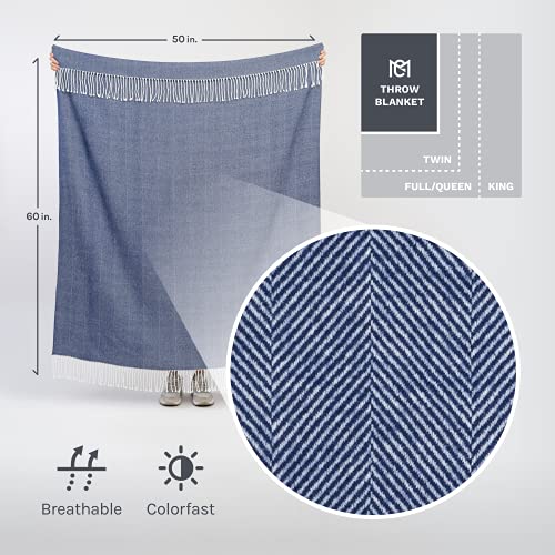 Herringbone Blanket - Chevron Pattern - Turkish Boho Chic - Soft Woven Throw Blanket With Decorative Fringe - Lightweight For Bed, Sofa, Chair, Office, Outdoor - 50 X 60 In. (Navy Blue) #TOP1
