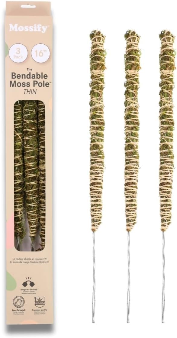 Mossify 16" Thin Bendable Moss Poles – 3-Pack | Flexible Plant Support Stakes for Climbing Plants, Vines, Monstera & Pothos | Natural Coconut Fiber Moss Stick for Indoor & Outdoor Use