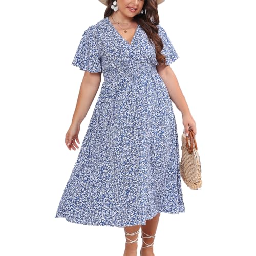 BSLVWG Women's Short Sleeve V Neck Summer Dress Plus Size Midi Floral Sundress Wrap Waist Casual Dress Beach for Holiday (UK, Alpha, XL, Plus, Regular, Blue)