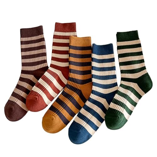 BelleFlair 5 Pairs Cute Crew Socks for Women,UK Size 3-5, Retro Style Colorful Striped Athletic Socks, Fun Fashion Vintage Cotton Sock Gifts for Ladies Daily Wear