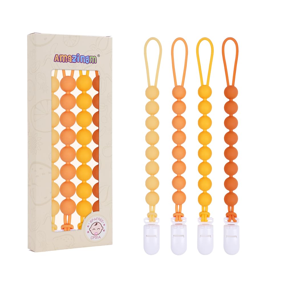 4 Pcs Yellow Baby Silicone Teething Pacifier Clip,One-piece Design,Round Shape,Smooth Surface,BPA Free.