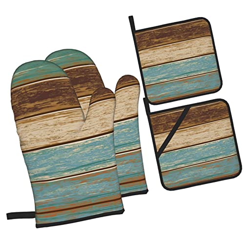 Retro Rustic Barn Wood Oven Mitts And Pot Holders Sets Set Of 4，Resistant Hot Pads Non-Slip Cotton Lining Gloves For Kitchen Baking Cooking Grilling #TOP1