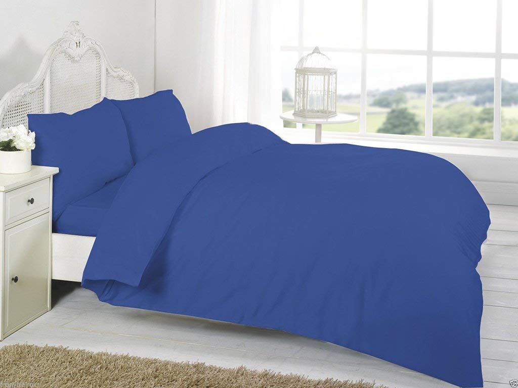 R&Z Plain Dyed Percale Polycotton Duvet Cover & 2 Pillow Cases Bed Set (Blue, Kind)