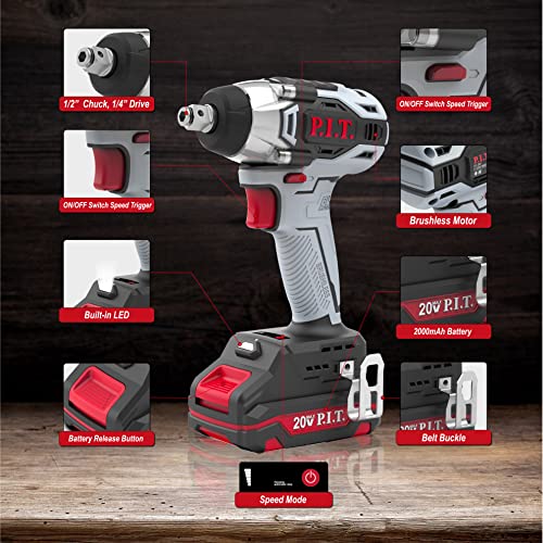 P.i.t. 20V Cordless Compact Wrench Kit,1/2 In. Brushless Impact Power Wrench Gun With 1/4 In. Power Drill Driver Functions-Li-Ion Battery,Charger,Sockets & Drill Driver Bits #TOP2
