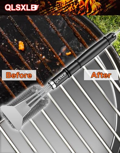 QLSXLB Grillbürste, Edelstahl Bürste Grill, Grillrost Bürste mit Schaber, Grill Reinigungsbürste Langer Griff, Drahtbürste für Gasgrill, Holzkohlegrill und Elektrogrill