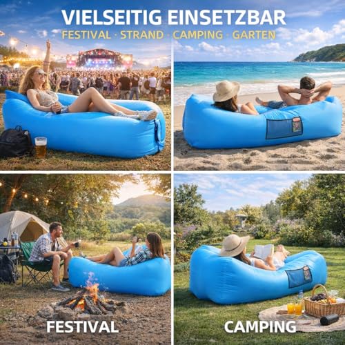AngLink Luftsofa mit Kopfstütze, aufblasbares Sofa, wasserdichter Air Lounger ohne Pumpe mit 2 Lufteinlässen, bis 200 kg, 2 Seitentaschen und Tragebeutel für Camping, Park und Strand,Blau