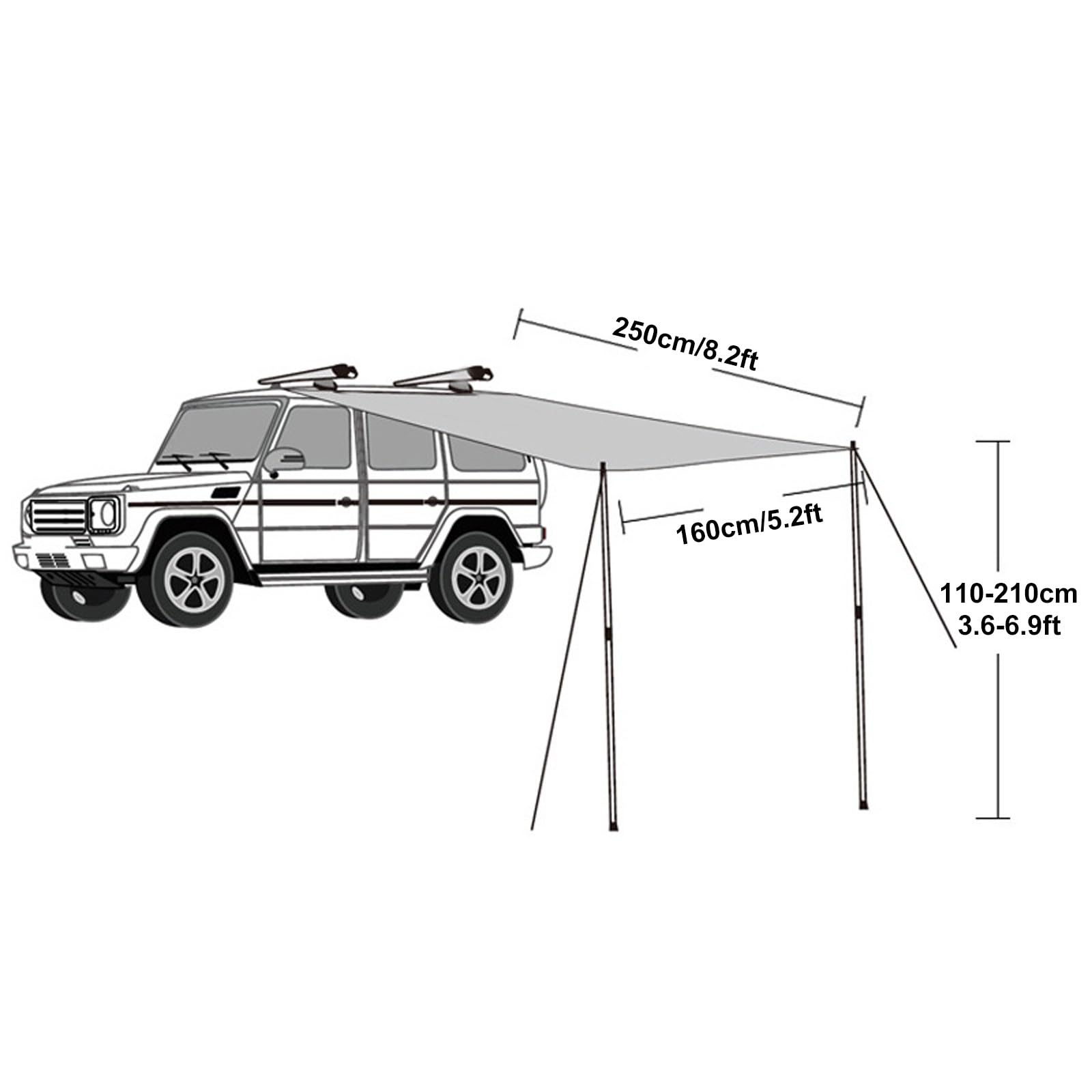 Tendalino Camper, Tenda Laterale Retrattile, Oxford 420D Impermeabile, Protezione UV50+ e Rivestimento PU 2000 Mm con Borsa, per SUV/furgoni/camion(160x250cm/5.2x8.2ft)