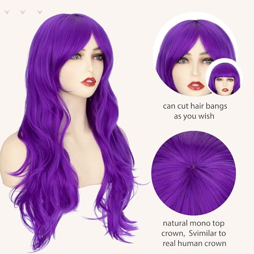 Image of S-noilite Purple Wig 26 inch Long Wavy Purple Anime Cosplay Wig with Bangs for Women Heat Resistant Synthetic Hair Colorful Wigs for Halloween Costume Party