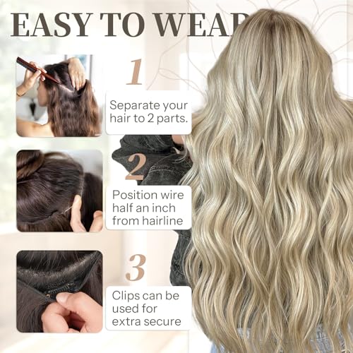 KooKaStyle Invisible Wire Hair Extensions with Transparent Headband Adjustable Size 4 Secure Clips Long Wavy Secret Wire Hairpiece 24 Inch for Women (Ash Brown mix Platinum Blonde) - Thumbnail 6