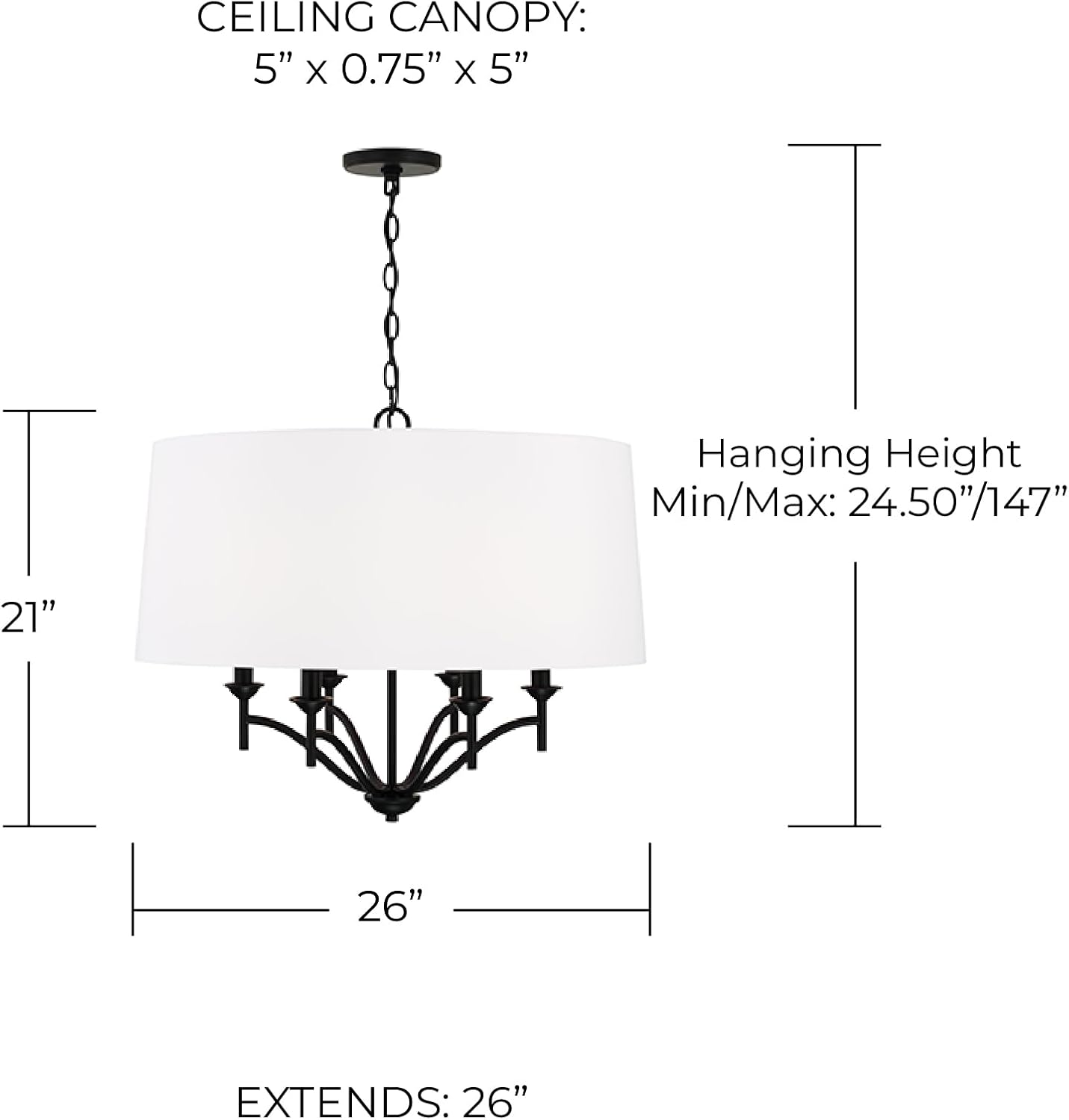 Capital Lighting 342061MB Peyton Transitional White Fabric Shade Drum Pendant Light Fixture, 6-Light 360 Total Watts, 21" H x 26" W, Matte Black