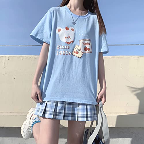 Image of Japanese Harajuku Style Kawaii Pastel Goth Fashion Crewneck Cartoon Little Bear with Cookies Print T-Shirt XL Blue