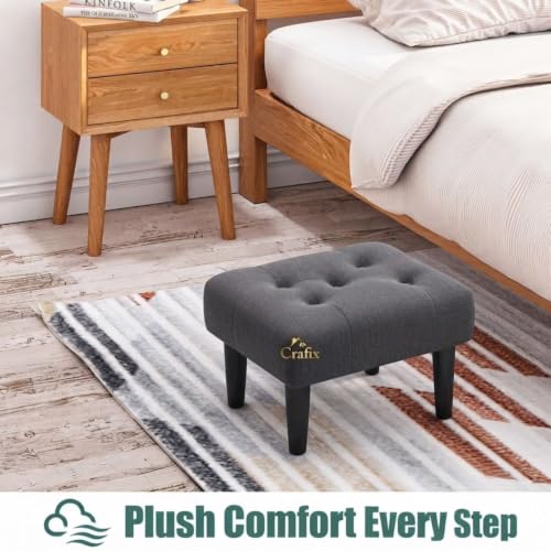 Image of Upholstered Foot Rest Ottoman Stool with Wooden Legs, Tufted Footstool for Living Room, Bedroom, Makeup Vanity, Entryway, Comfortable Footrest Bench, Modern Accent Ottoman (Grey)