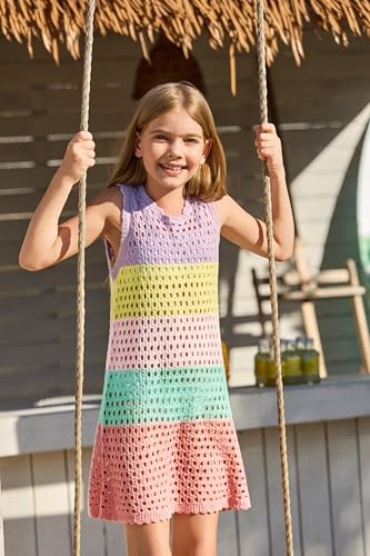 Image of Haloumoning Girls Color Block Crochet Knit Swim Cover up Kids Summer Sleeveless Beach Dress 5-14 Years