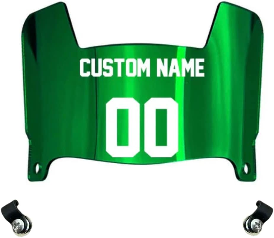 Customize Your Player Name & Number - Green Chrome Mirror Mini Football Helmet Visor Shield with Clips - Fits All Major Brand Miniature Helmets - Mini Visor ONLY