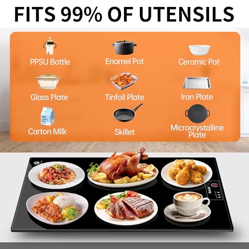 Image of Electric Warming Tray,L 22 inchx14 inch,Tempered Glass Warming Mat for Food,Black | Keep Food Warm,Food Warmers For Parties Buffet Daily Gatherings,Temperature Adjustable,With Thermostat,Full Surface Heating