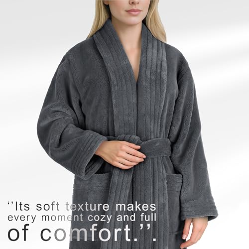 Image of American Soft Linen Women's Fleece Bathrobe - Luxury Soft, Plush, Fuzzy & Warm Turkish Robe for Women, Cozy Spa Quality Adult Bathroom Lounge Robe, Gray S