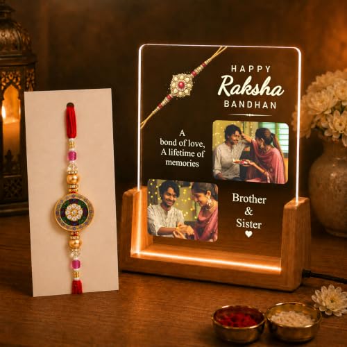Image of Giftplease Personalized Raksha Bandhan LED Acrylic Photo Frame with Rakhi, Roli Chawal, Greeting Card, Wooden USB Night Lamp, Brother Sister Festival Decor, Memory Keepsake, Home Table Display