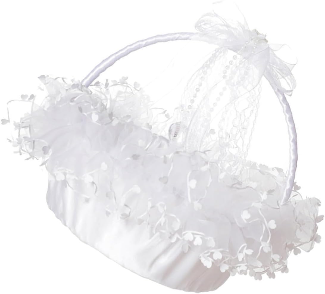 ULTECHNOVO Portable Foldable Lace Wedding Flower Girl Basket Handheld Decorative Basket for Wedding Ceremony Party Supplies White