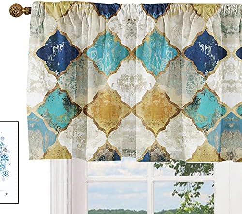 Kitchen Curtain Valance Geometric Moroccan Trellis Thermal Insulated Short Window Cornice Valance Topper Farmhouse Vintage 52x18 inch Rod Pocket Window Treatment for Living Room Laundry Nursery