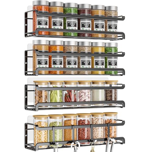 Spice Rack Organizer Set of 4, Cabinet or Wall Mounted Hanging Seasoning Racks, Space Saving Storage for Kitchen Cabinet, Cupboard & Pantry Door(Black)