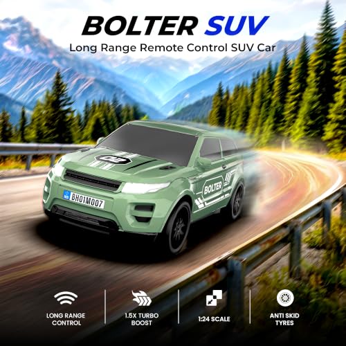 Image of Mirana Bolter SUV Remote Control RC Car for Kids | 1:24 Scale Racing Toy | with 1.5X Turbo Boost, LED Lights & Anti Skid Tyres | USB Type-C Rechargeable | Gift for Boys & Girls 4+ Years, Green