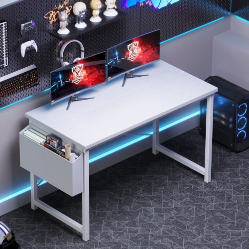 Image of OLIXIS Computer Desk, 47 Inch Gaming Desks for Home Office Small Spaces | Writing Study Craft Work Table, Computer Workstation for Bedroom with Storage Bag, All White