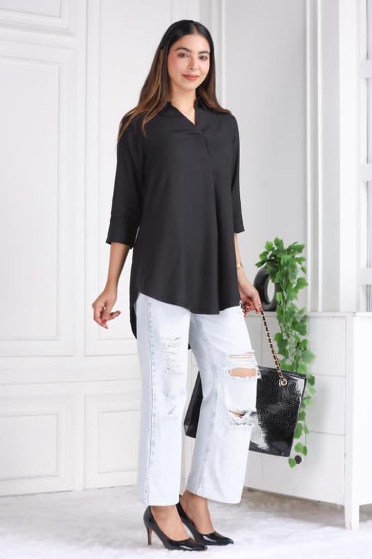 Image of Mlada Rayon Flare Top for Women | 3 /4th Sleeve Regular Fit and Flare Top | Women Office Tops Tunic | Western Long Shirt Top for Women | Shirt Collar Top for Women | Rayon Tunic Tops for Women Western