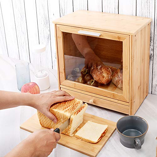 G.a Homefavor Bamboo Bread Box With Clear Front Window - Large Capacity Wooden Bread Storage Holder For Kitchen Counter - Double Layer Bread Storage Bin Holds 2 Loaves #TOP3
