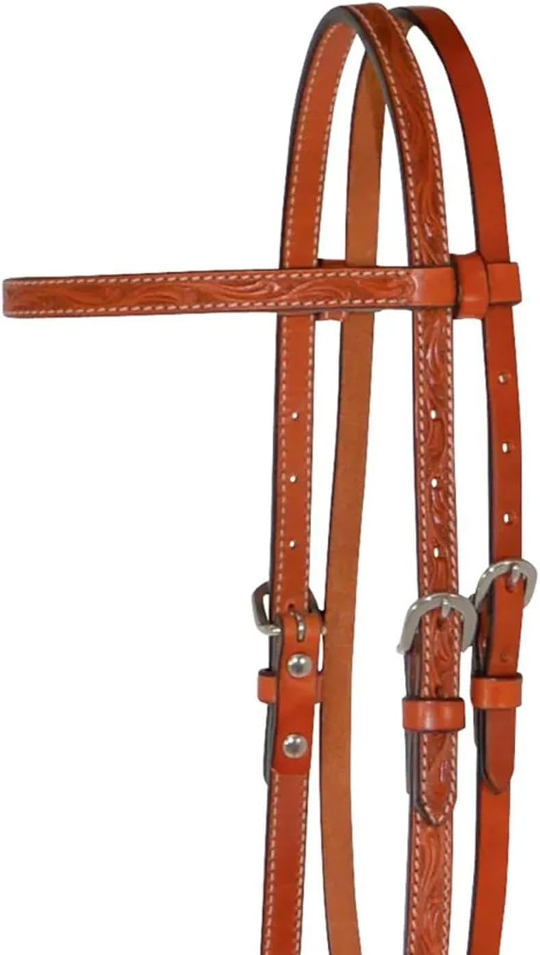 Circle Y Classic Floral Tooled Browband Headstall, Durable Double-Ply Leather Western Horseback Riding Headstall w/Stainless Steel Hardware, Adjustable Buckles, Chicago Screw Bit Ends