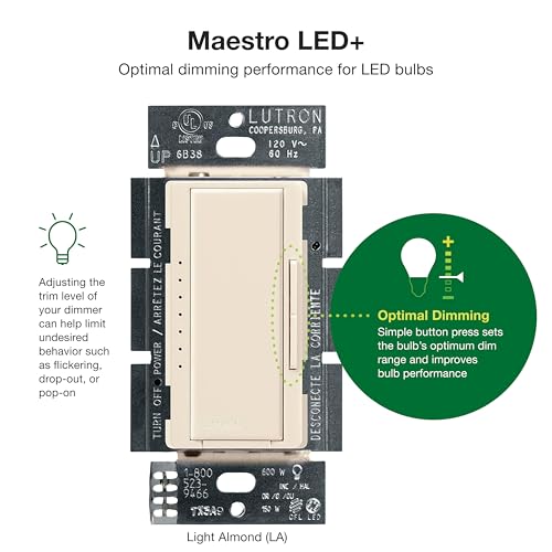 Image of Lutron Maestro Dimmer Switch LED+, For Dimmable LED, Halogen and Incandescent Bulbs, 150W, Single-Pole or Multi-Location, MACL-153M-LA, Light Almond