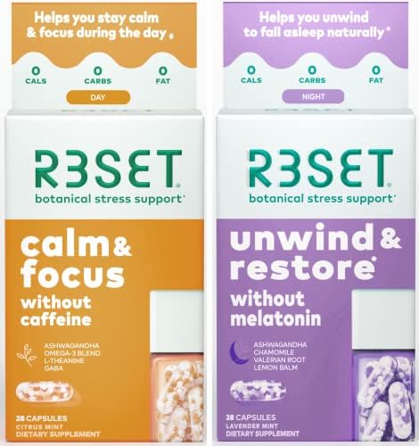 R3SET Botanical Supplements - 28 Day for Focus Plus 28 Night for Sleep