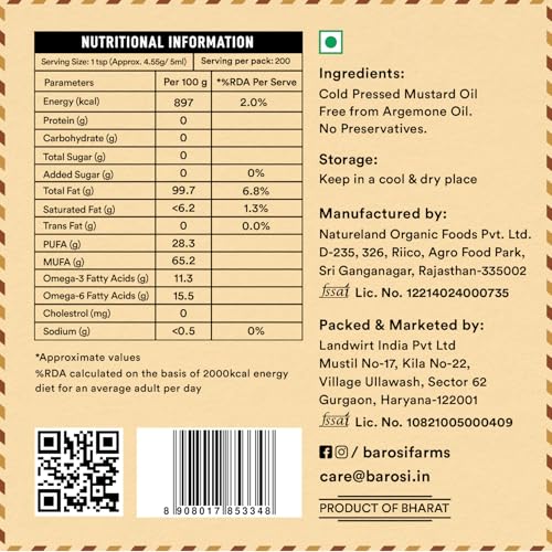 Image of BAROSI [Wood Cold Pressed Mustard Oil - 1L] | Kachi Ghani | Pure, Natural & Organic, Unrefined for Healthy Cooking (Sarso Tel) | Kolhu /Kacchi Ghani /Chekku | Perfect blend of Health, Taste & Aroma