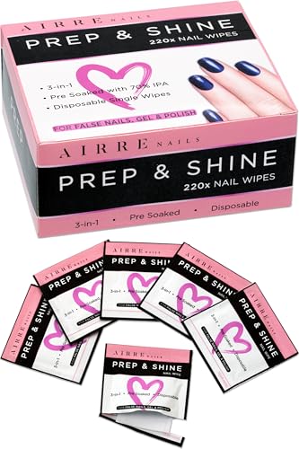AIRRE 220 Professional Alcohol Prep & Shine Nail Wipes (3in1) Alcohol Wipes for Gel Nails, Acrylic...