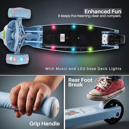 Image of Baybee Dino Blaze Kick Scooter for Kids | 3 Wheel Skate Scooter with RGB LED Wheels & Music | 3 Height Adjustable T-Bar Handle & Rear Brake | Foldable Skate Scooter for Kids 3 to 8 Years (Dark Blue)