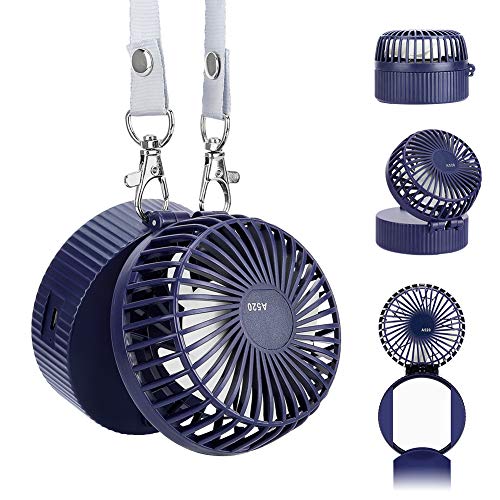 Mini Ventilator Geschwindigkeiten Handheld Halskette Lüfter, USB wiederaufladbarem Akku 180° drehbare Einstellung 3 Einstellbare mit Spiegel für Innen