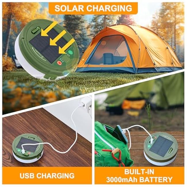 Solar Camping String Lights, 4 in 1 Quick Storage 33FT Rechargeable Tent Lights with 8 Lighting Modes, Hanging Waterproof Portable Retractable LED Lamp for Outdoor, Patio, RV, Awning, Garden, Party