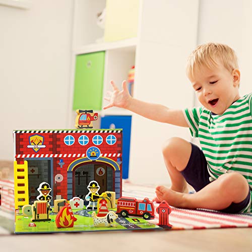 Pidoko Kids Fire Station Playset - 19 Pcs - Magnetic Portable Box - Easy Storage - Perfect Travel Toys Gift Set for Boys and Girls - 3 Year Old and Up - Wooden Accessories