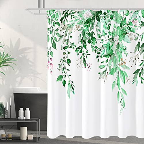 Gibelle Emerald Green Eucalyptus Shower Curtain, Watercolor Plant Leaves with