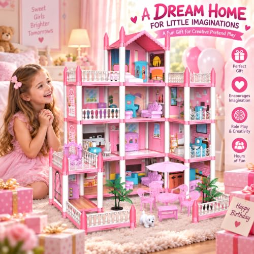 Image of Doll House for Girls 3+ Years, Large Multi-Level Pink Dollhouse with Furniture, Balconies, Rooms, Patio & Pretend Play Accessories, Dream House Toy
